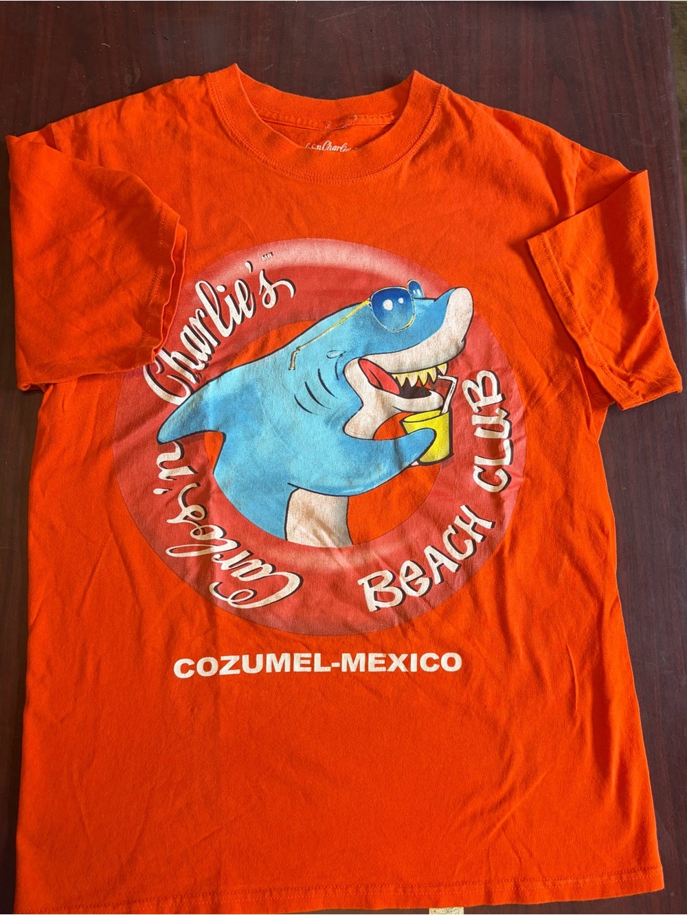Cozumel Beach Club Graphic Tee - Orange with Blue Shark Carlos and Charlie’s M